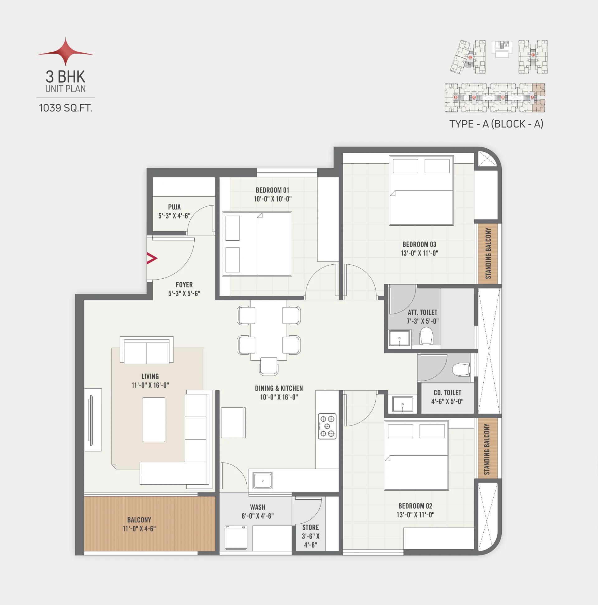 Type - A (Block- A) - 3 BHK Unit Plan - 1039 SQ.FT.