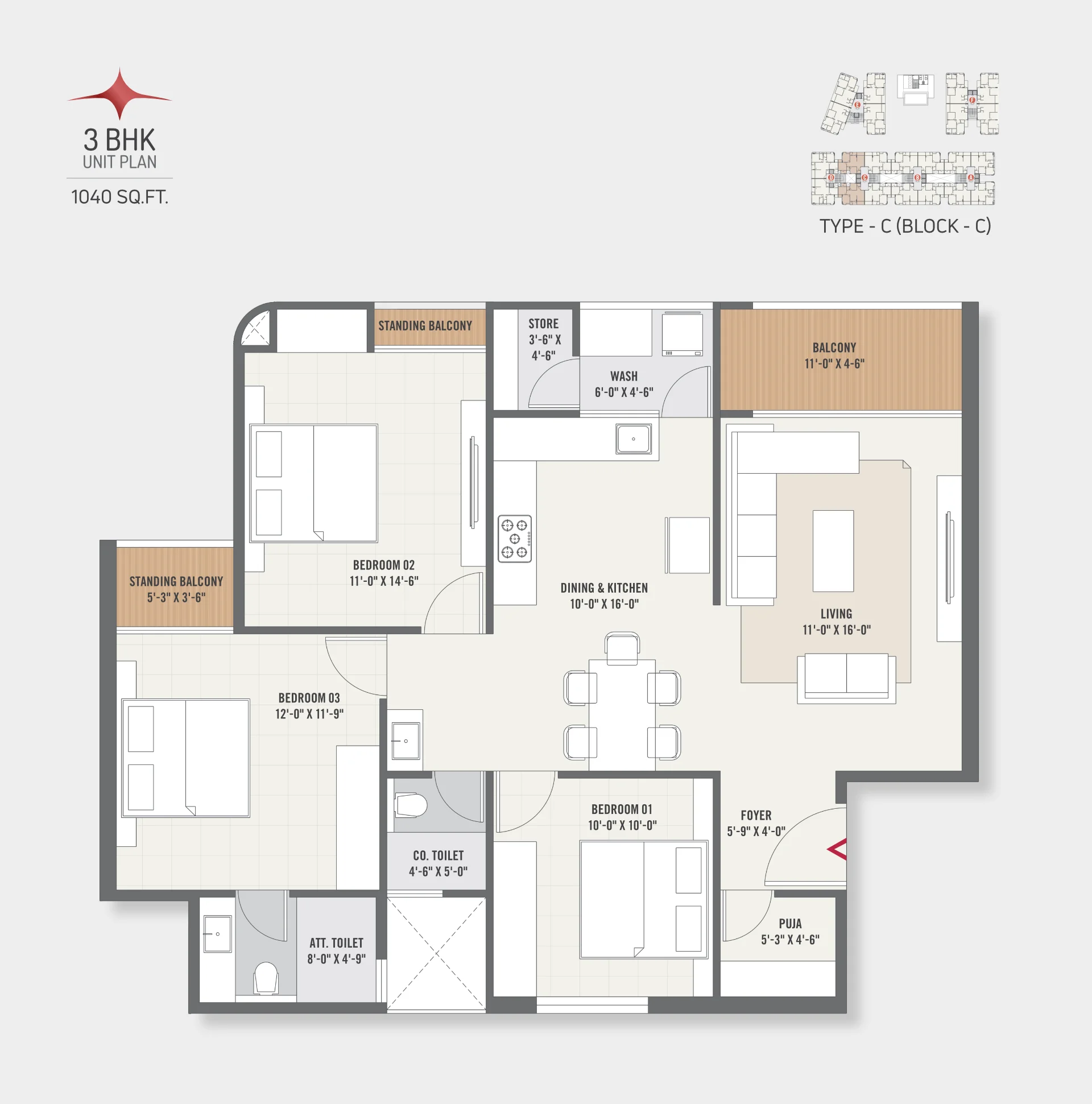 Type - C (Block- C) - 3 BHK Unit Plan - 1040 SQ.FT.