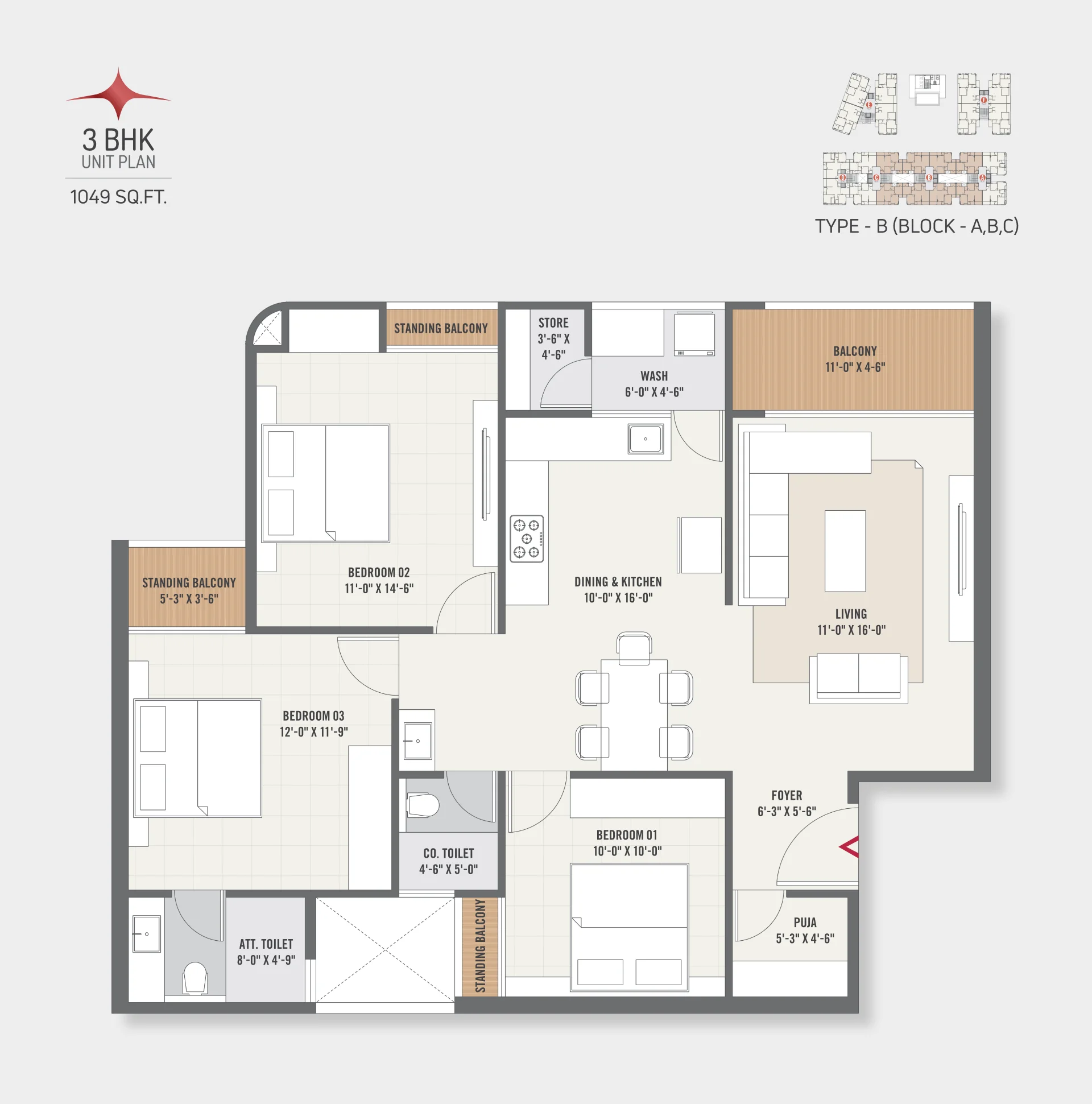Type - B (Block - A, B, C) - 3 BHK Unit Plan - 1049 SQ.FT.