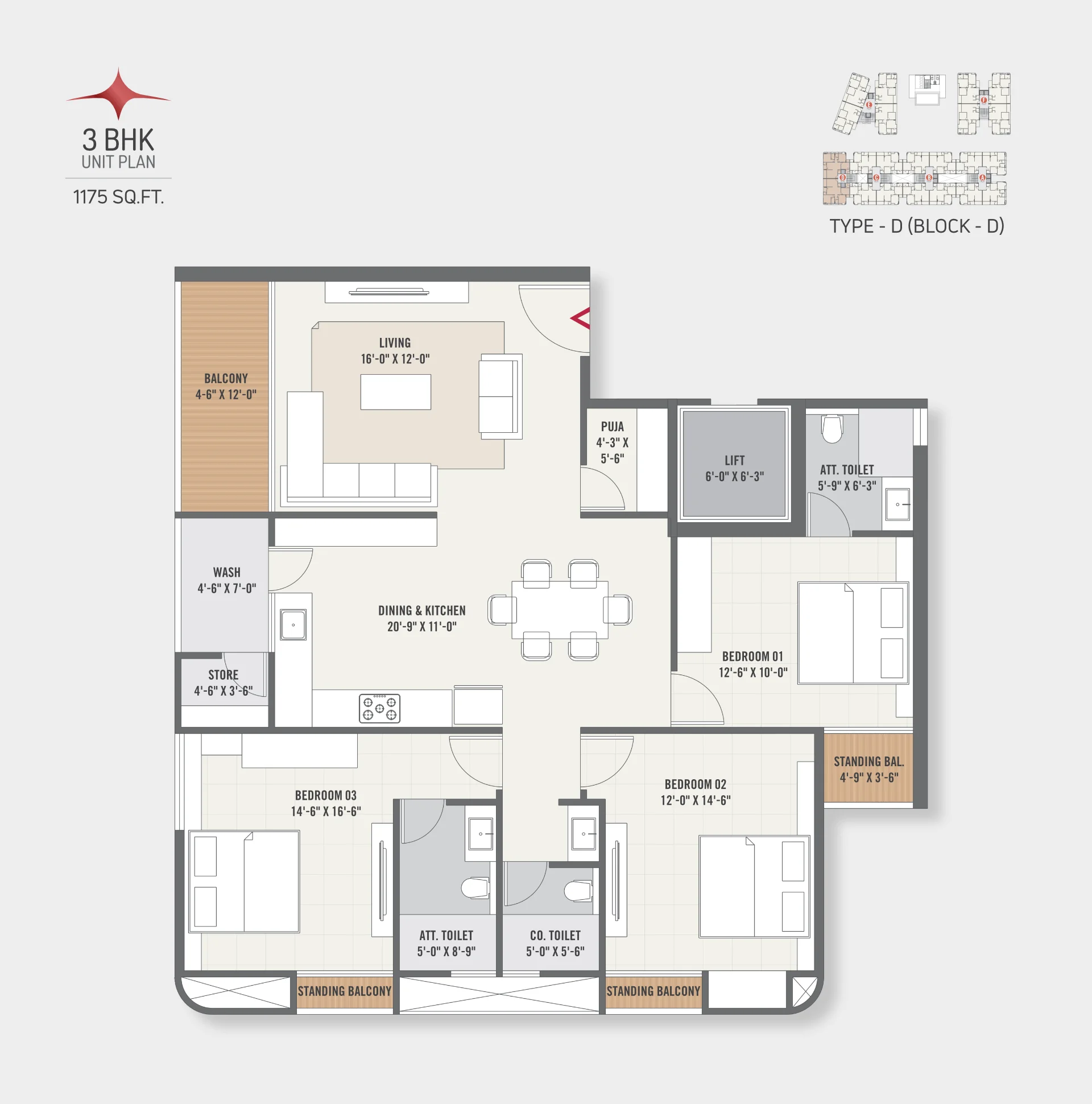 Type - D (Block- D) - 3 BHK Unit Plan - 1175 SQ.FT.