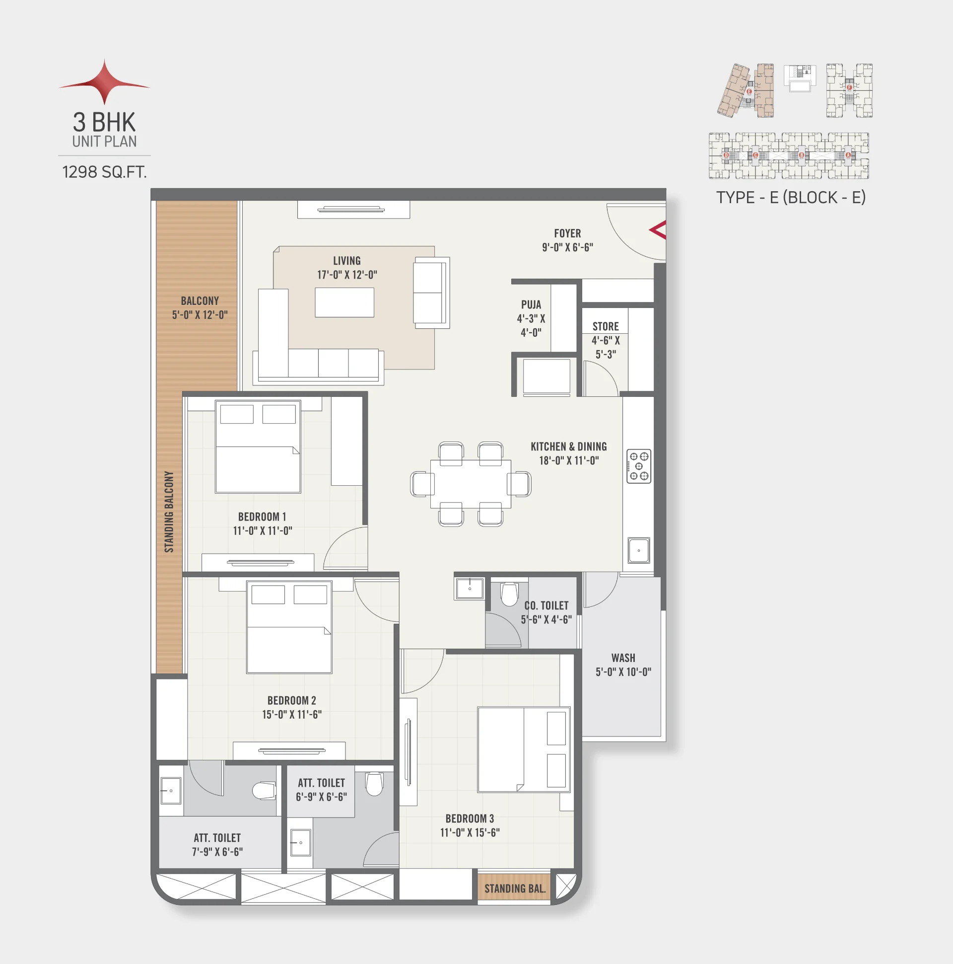Type - E (Block- E) - 3 BHK Unit Plan - 1298 SQ.FT.