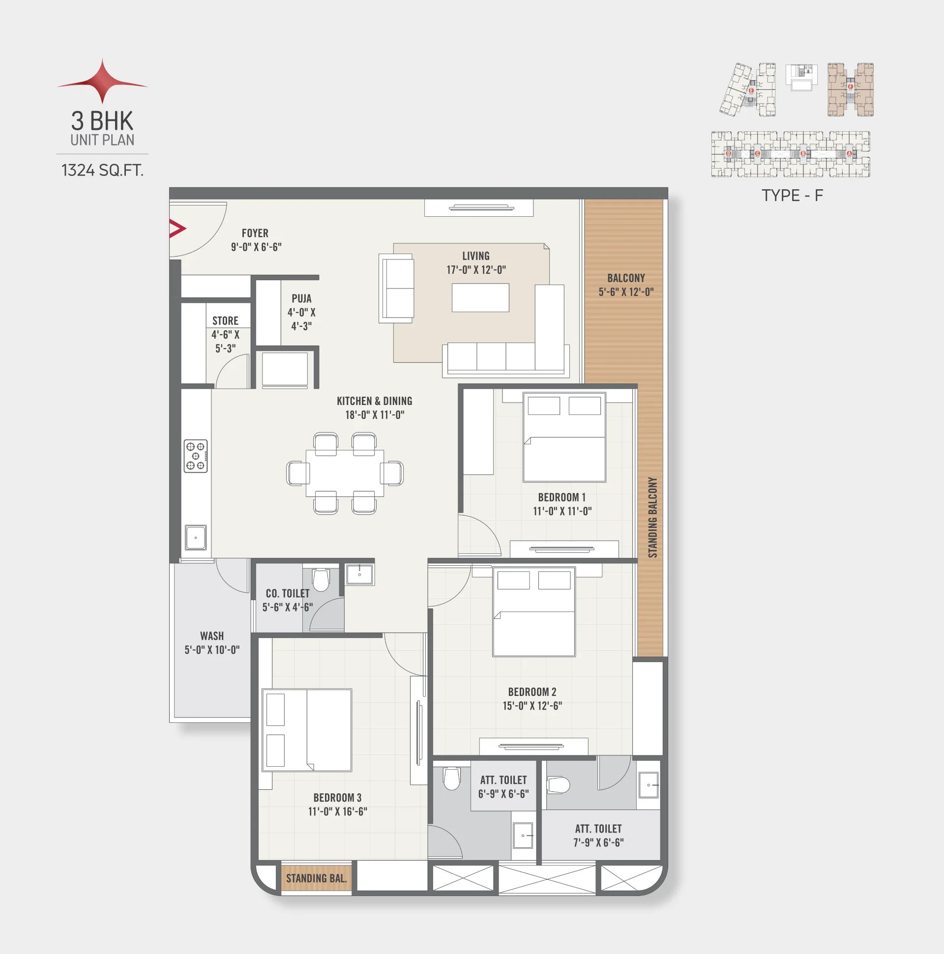 Type - F - 3 BHK Unit Plan - 1324 SQ.FT.